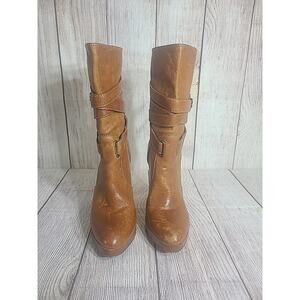 Frye Harlow Multi Strap Boots Women's 6.5 Pull On Tan Leather 4" Heel FLAWS